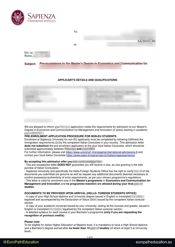Admission letter
