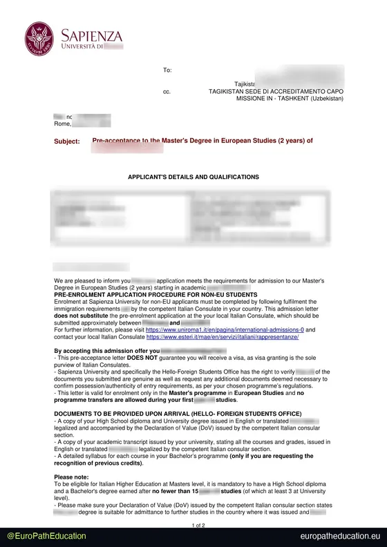 Admission letter