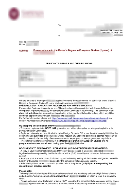 Admission letter