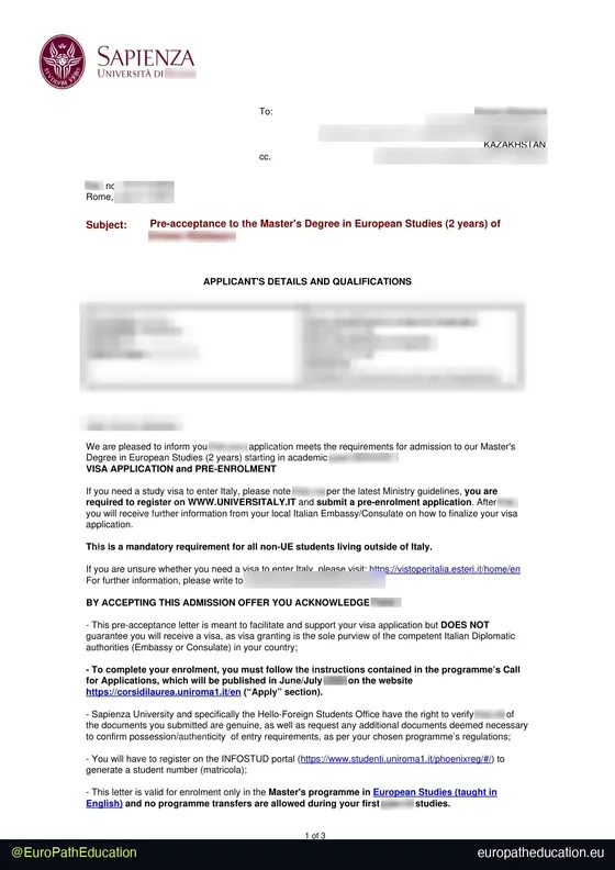 Admission letter