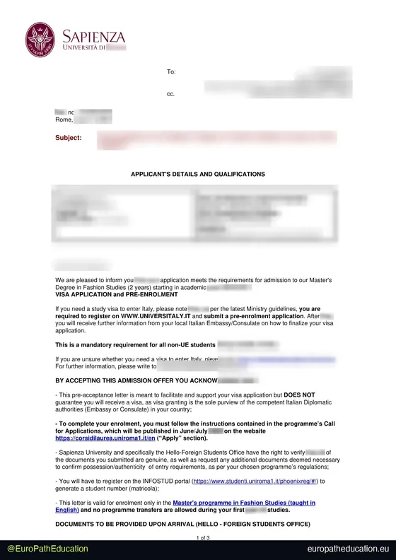 Admission letter